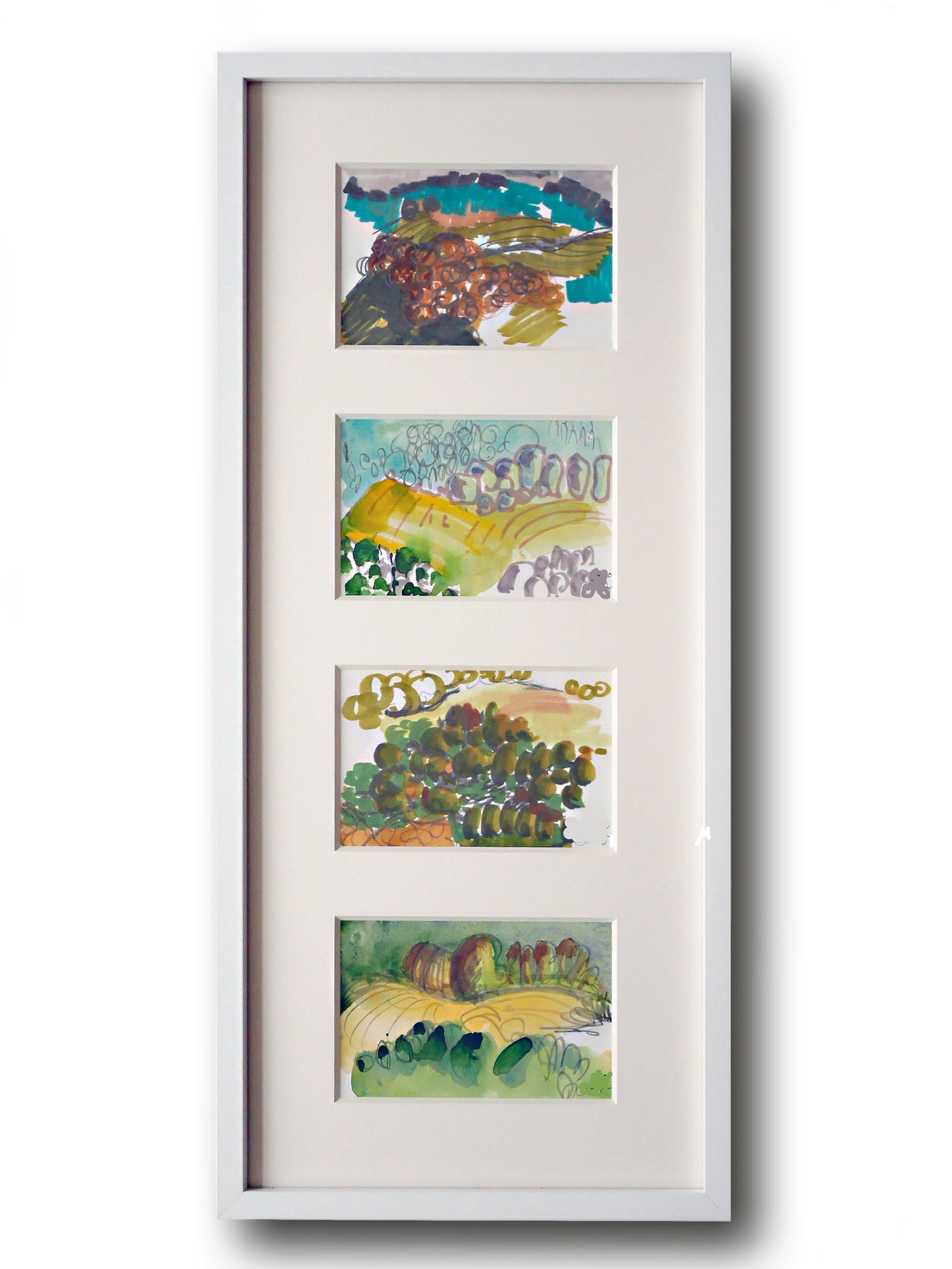 watercolored Landscape Painting as Set of 4 framed in one frame  - mixed Media 